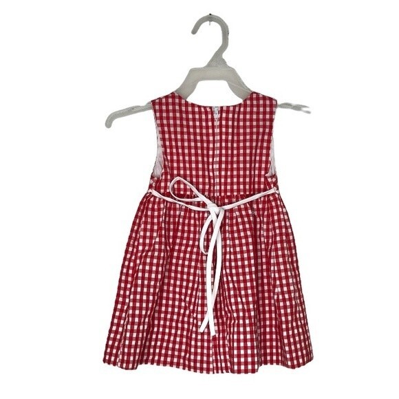 HANDMADE Girls Red White Check Dress Floral Appliqués Gingham Seersucker - Picture 2 of 6